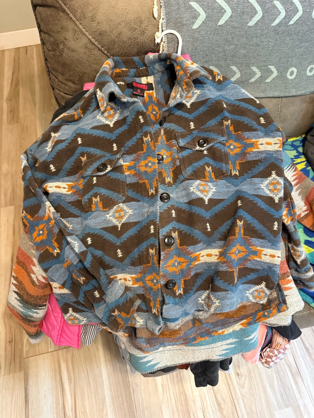 Aztec Pattern Button-Front Jacket - Brown & Blue - Picture 3 of 6